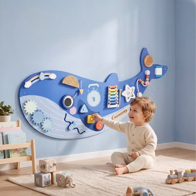 AIYAPLAY Whale Activity Wall Busy Board for Toddlers in Blue with Music and Motorised Features