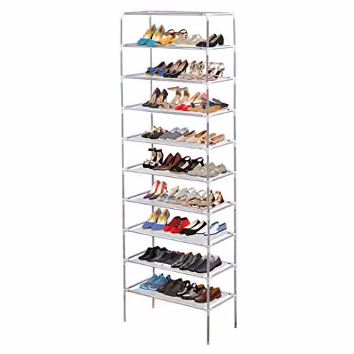 AMOS 10 Tier Extendable Shoe Rack Organiser with Grey Waterproof Non-Woven Fabric Shelves, H 173 x W 57 x D 28 cm