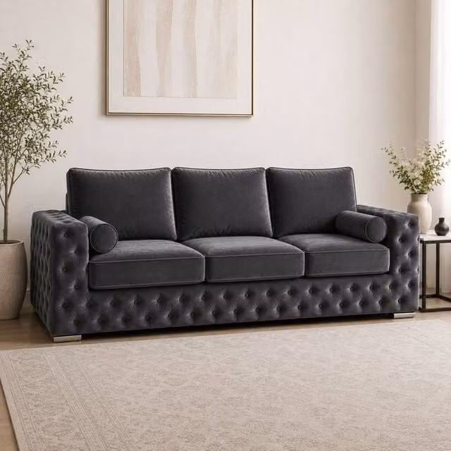 Stratus Interiors Ashley Luxury Chesterfield 3 Seater Fabric Upholstered Sofa in Dark Grey, W: 203.2 cm, D: 76.0 cm, H: 67.0 cm – 1