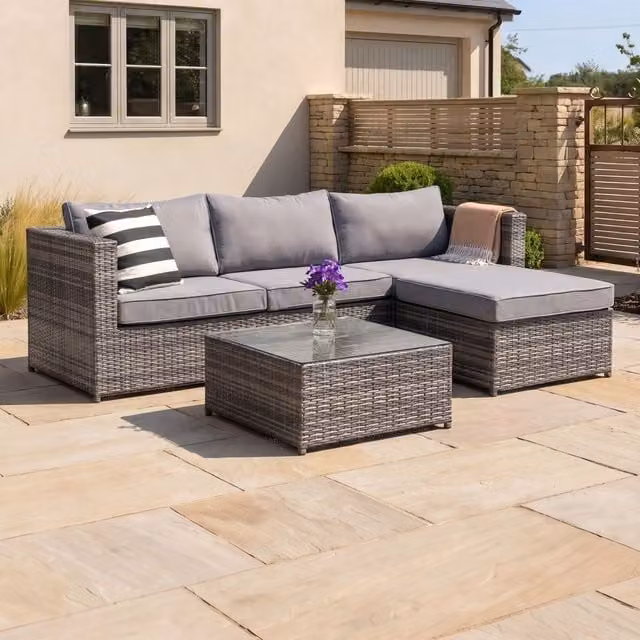 Charles Bentley L-Shaped 3 Seater Rattan Outdoor Lounge Set with Ottoman and Glass Tabletop, Grey, W/D/H: 73 x 73 x 64 cm – 1