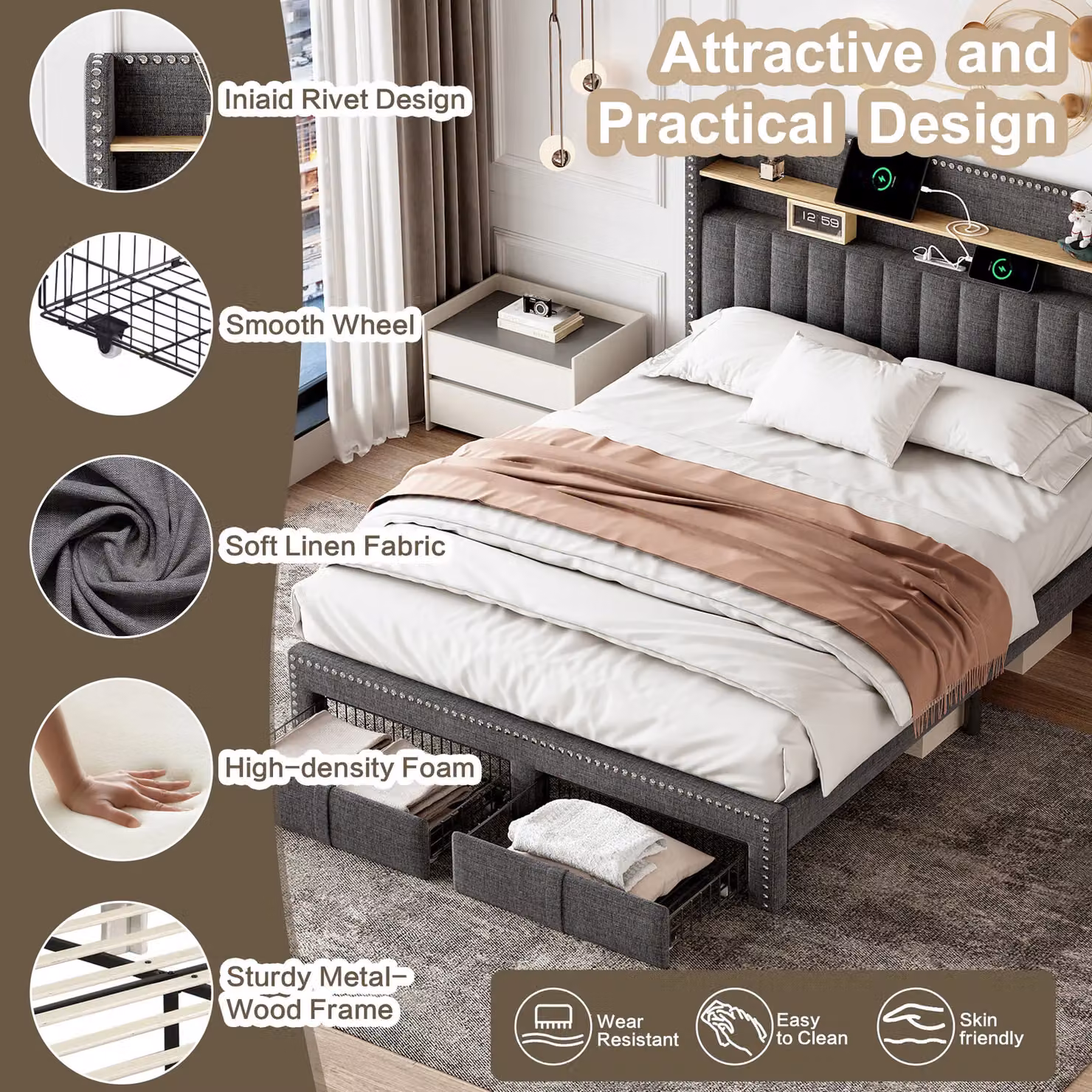 AKA Double Upholstered Bed in Grey with 2 Storage Drawers, Bedside Shelf and USB Charging Port, W/D/H: 140 x 200 cm – 5