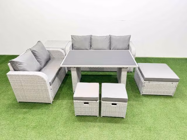 Fimous Garden Furniture Set with Rectangular Dining Table and 3 Stool Side Tables in Light Grey