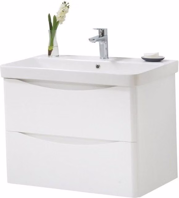 Clifton Gloss White Bathroom Wall Mounted 2-Drawer Unit with Ceramic Basin W: 80 cm, D: 46 cm, H: 60 cm – 1