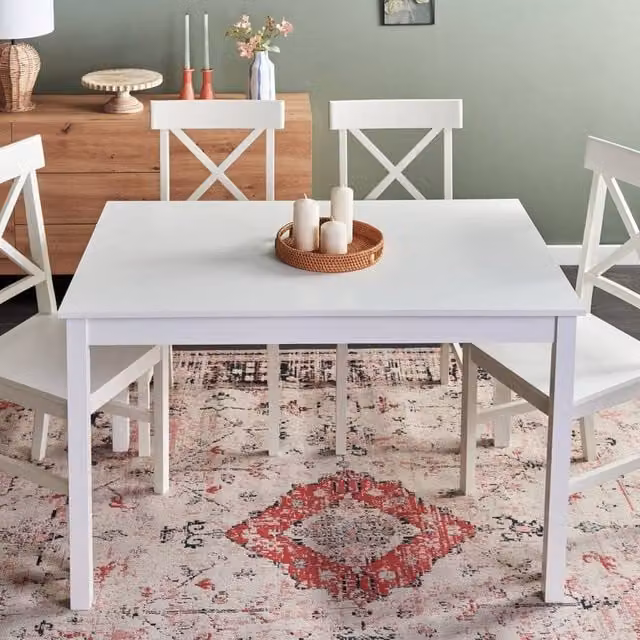 Wyld and Coco White Rectangular Dining Set with 4 Chairs, MDF and Wood Construction, W/D/H: 120 x 75 x 75 cm