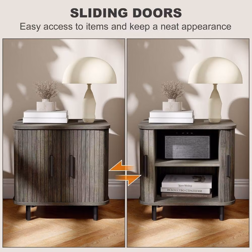 Wyld Haus Pasaba Grey Nordic Bedside Table with Tambour Sliding Door and Metal Legs W: 40.0 cm, D: 48.0 cm, H: 48.0 cm – 4