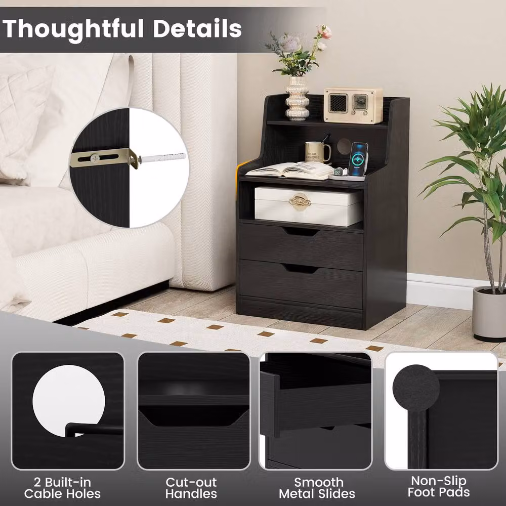 Costway Modern 2-Drawer LED Nightstand with Charging Station in Black – 7