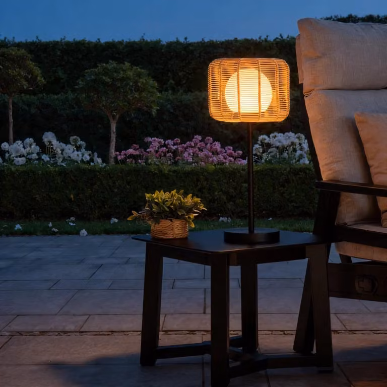 Noma Toscana Rechargeable Rattan Table Lamp in Brown and Black with Remote Control and Timer