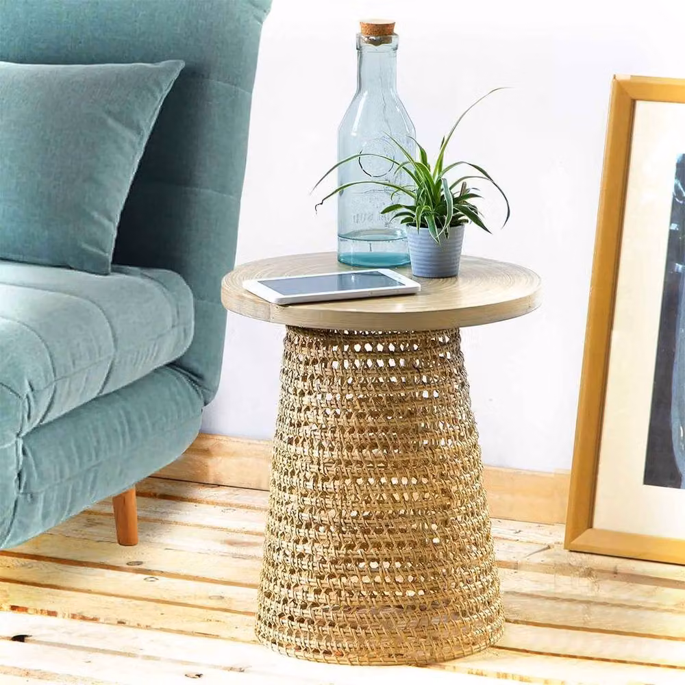 CALICOSY Bamboo Tabletop Side Table with Rattan Base, Brown, W/D/H: 40 x 40 x 45 cm – 2