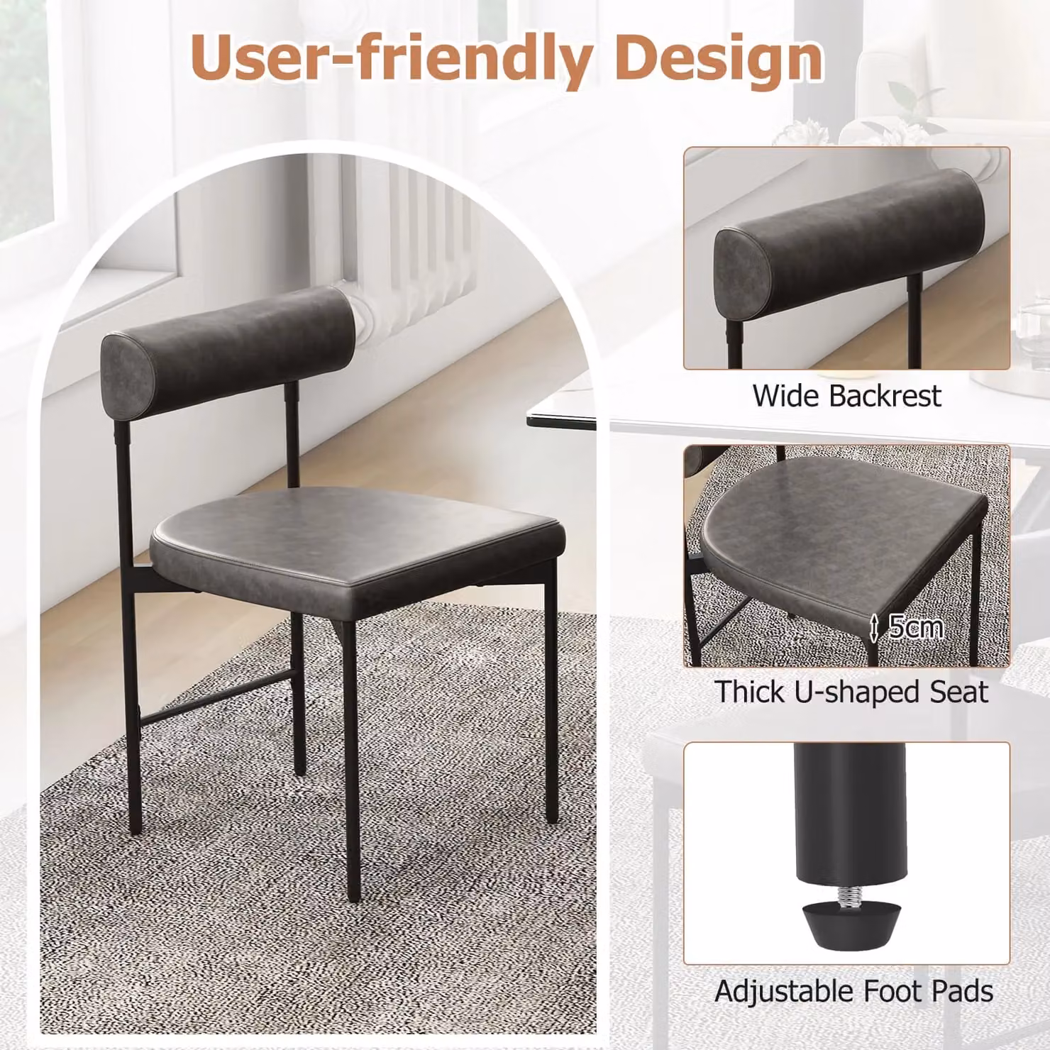 Costway Set of 2 Grey Faux Leather Upholstered Modern Dining Chairs – 3