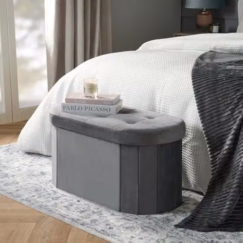 OHS Matte Velvet Rectangular Ottoman Storage Bench in Grey, W/D/H: 80 x 40 x 40 cm – 1