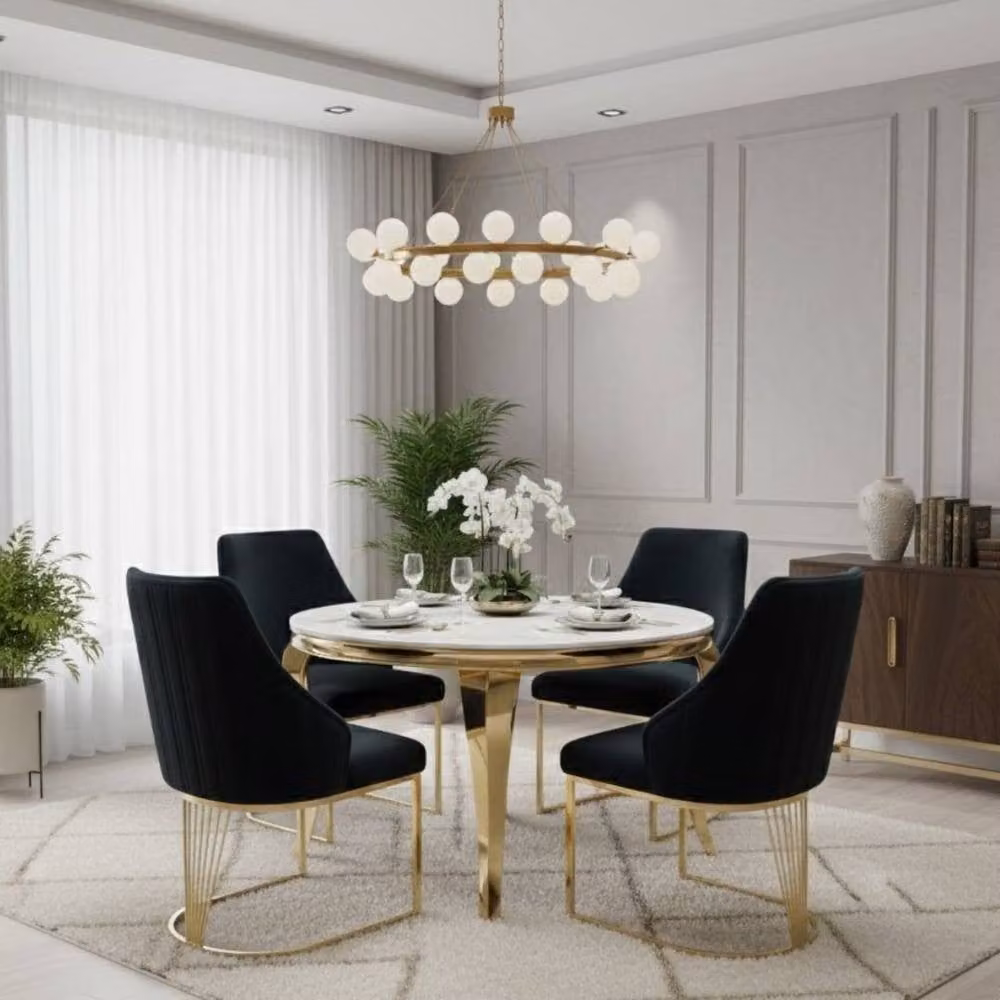 Home Luxe Interior Sofia Round Cream and Gold Marble Dining Table with 4 Lasco Black and Gold Chairs – 2