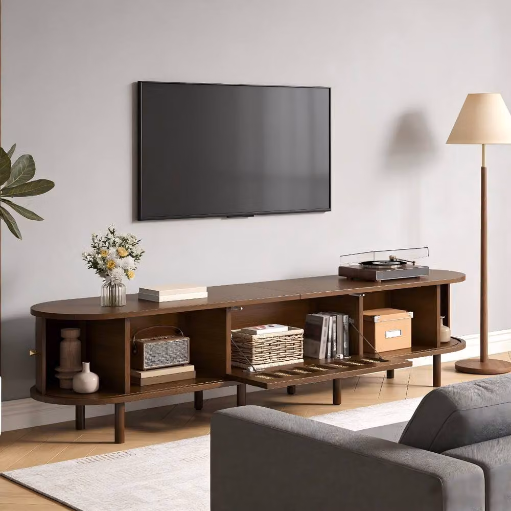 Rolipo Dark Walnut Oval TV Stand with Rattan Lowboard in Brown – 5