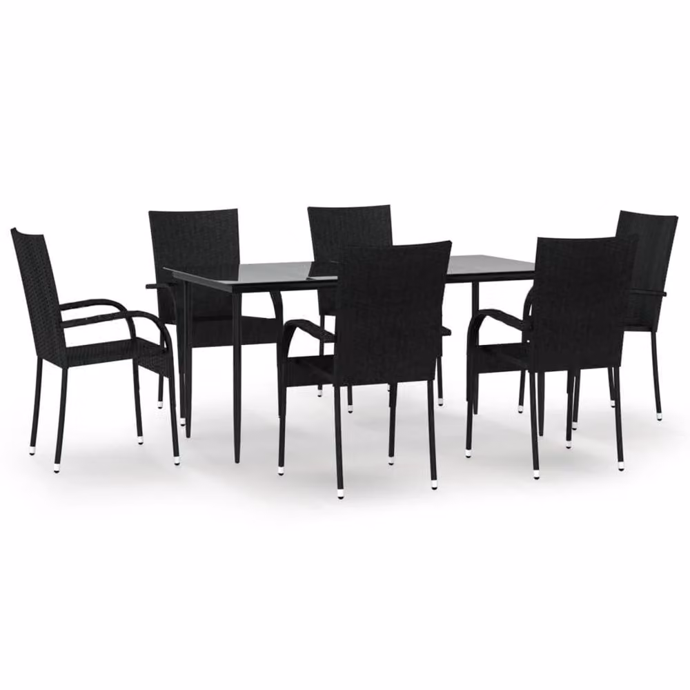 Berkfield Home Beautiful 7 Piece Black Poly Rattan Garden Dining Set with Glass Top and Steel Frame – 3