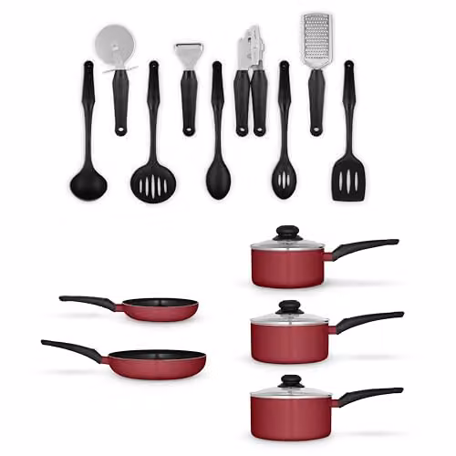 Swan Townhouse 14 Piece Red Aluminium Cookware and Tool Set with Ceramic Coating, 16cm, 18cm and 20cm Saucepans with Glass Lids and 20cm and 26cm Frying Pans – 1
