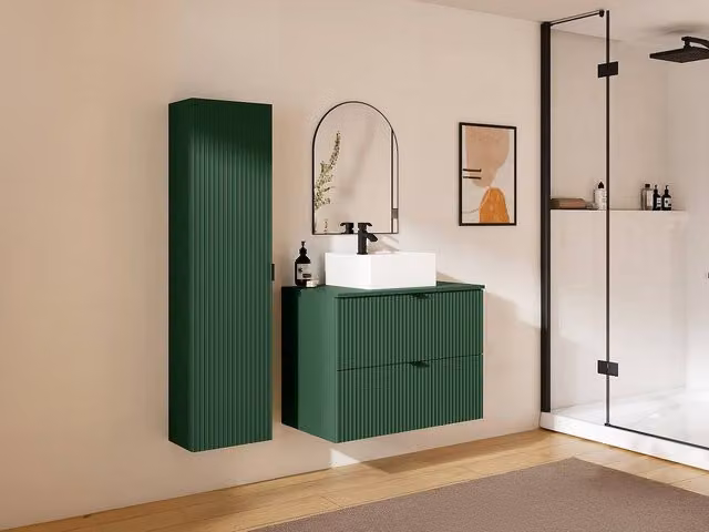 Vente-unique Suspended Ribbed Bathroom Vanity Unit with Square Ceramic Countertop Basin in Green and White, W/D/H: 60 x 47 x 80 cm