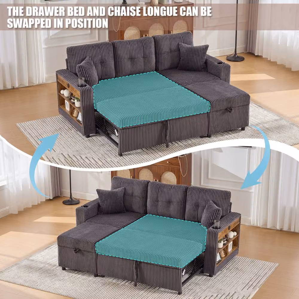 FENCHILIN 3 Seater Pull-out Sofa Bed with Hidden Storage, LED Lighting and USB Charging in Dark Grey – 3