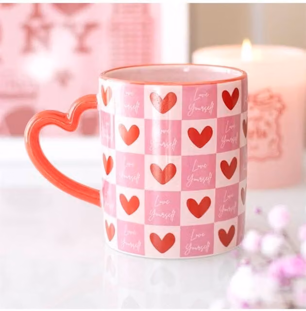 KDMD Love Yourself Checkered Mug with Heart Handle in Pink, 350ml