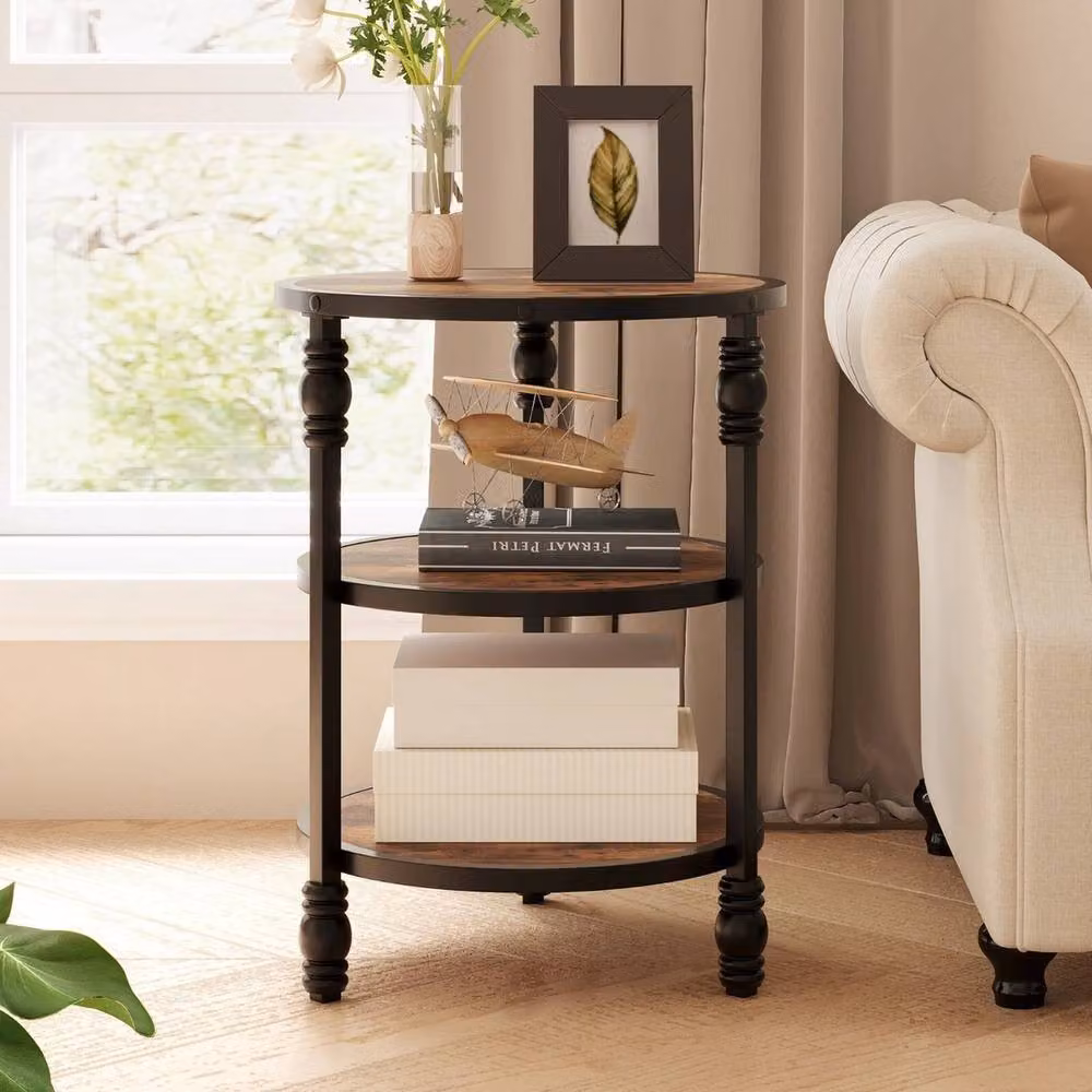 FORGEVIO 3 Tier Small Round Sofa Side Table with Storage in Brown – 2