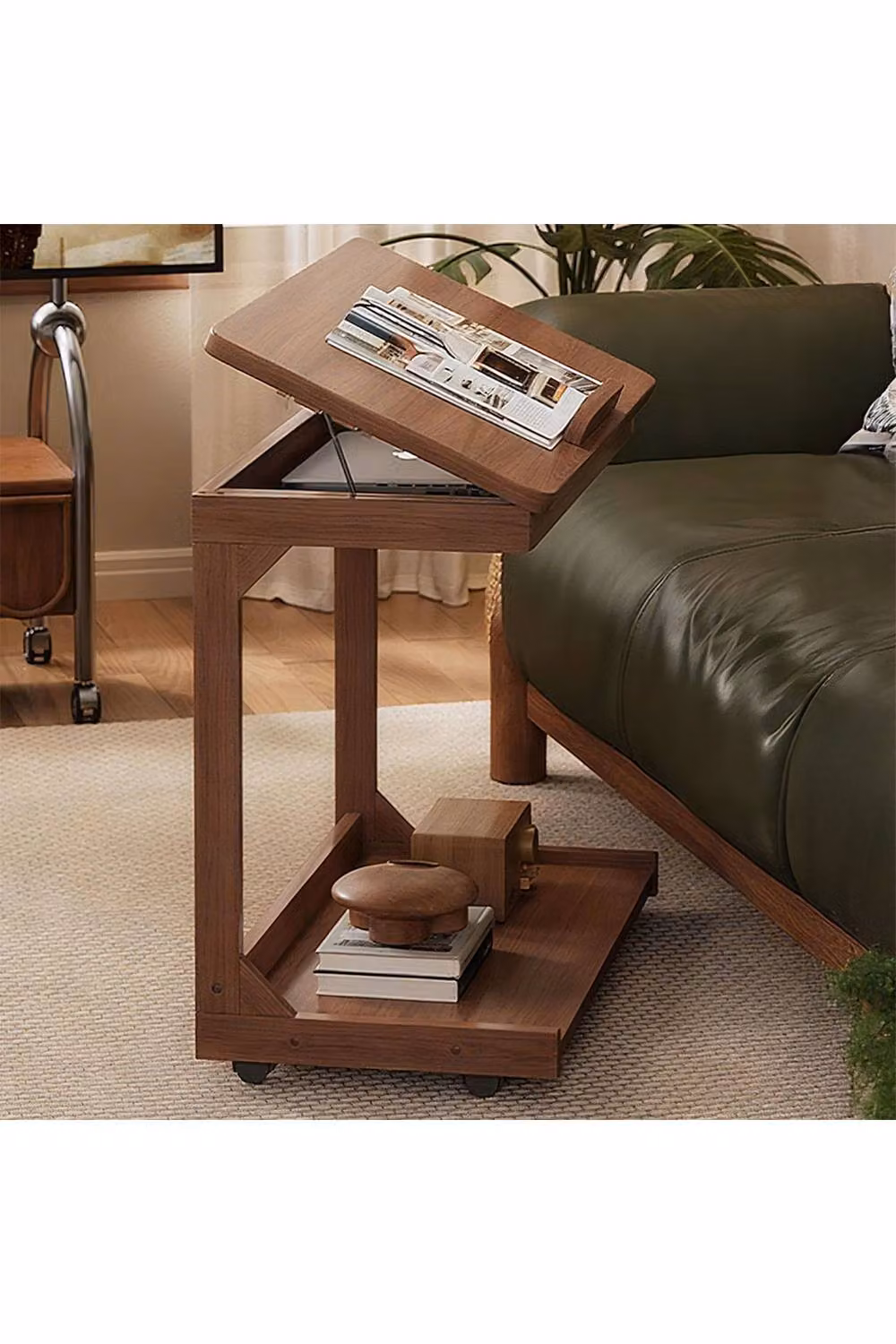 Living and Home C-Shaped Side Table with Wheels and Hidden Storage in Walnut – 3