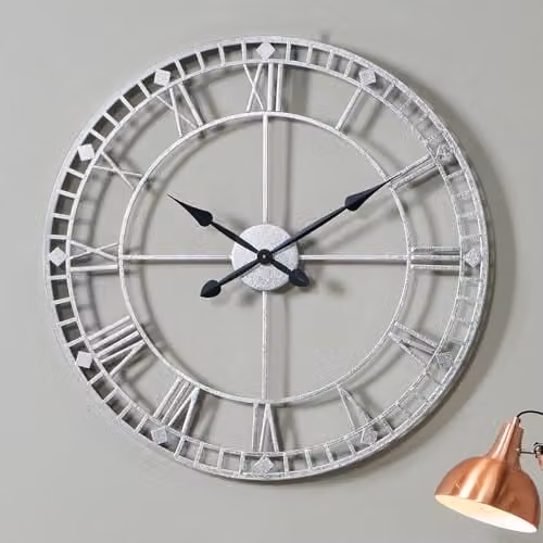 Pacific Lifestyle Large Industrial Skeleton Wall Clock in Silver Metal with Roman Numerals