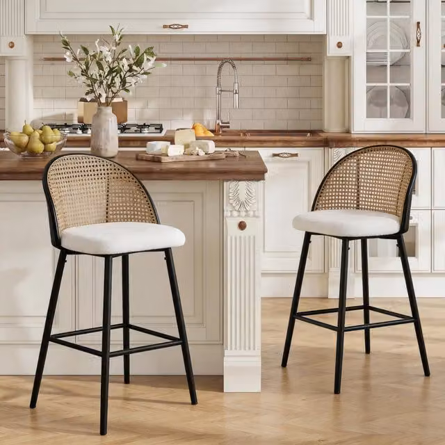 Furniture One Modern Padded Bar Stools with Rattan Back in White