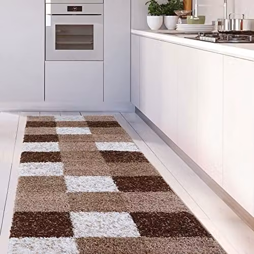 THE RUGS Modern Checked High Pile Shaggy Area Rug, Brown, W/D/H: 80 x 300 cm – 3