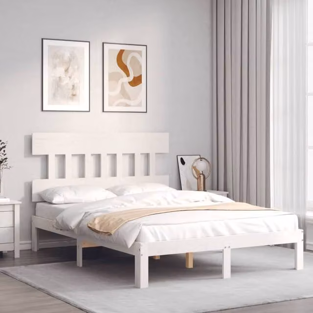 Berkfield Home Beautiful Bed Frame with Headboard in White Solid Pine Wood, W/D/H: 140 x 190 cm