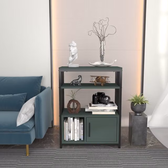 Decorotika Letos Industrial Bookcase with Metal and Wood Frame in Green and Black