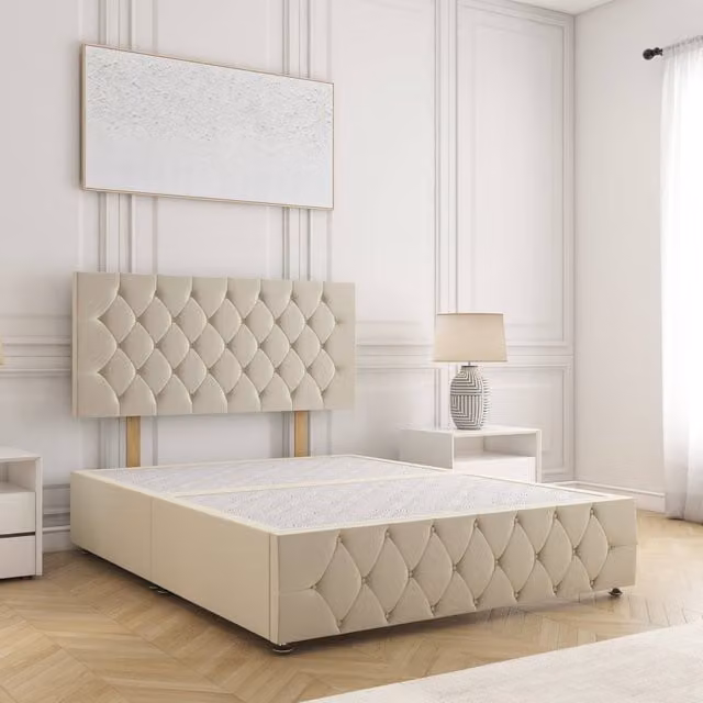 BSSPOKE Mulberry Plush Velvet Divan Bed with 24 inch Headboard in Beige, Double W/D/H: 140 x 200 cm