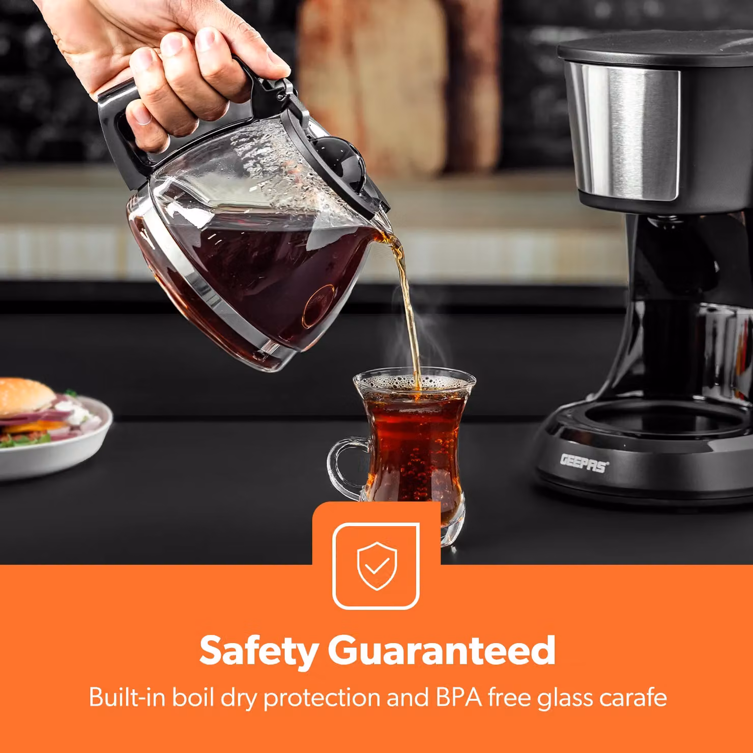 Geepas Filter Coffee Machine with Glass Jug, 750ml, 600W, Keep Warm Function, Black – 5