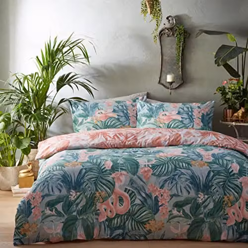 Riva Home Medinilla Reversible Floral Double Duvet Cover and Pillowcase Set, Cotton/Polyester, Green, Pink and Multicolour, Duvet Cover: 140 x 200 cm, Pillowcase: 50 x 75 cm – 2