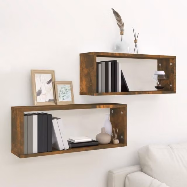Berkfield Home Wall Mounted Cube Shelves, 2 Piece Set in Smoked Oak Brown, W/D/H: 60 x 15 x 23 cm