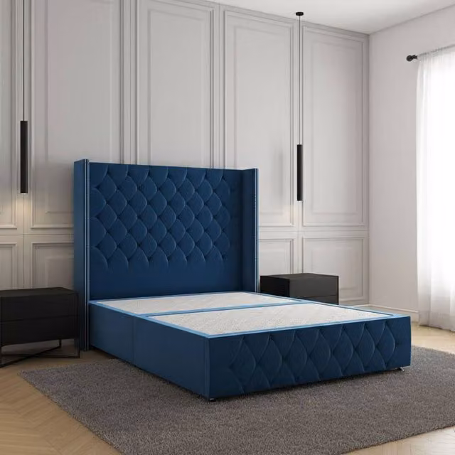 Regional Furnishings Blue Plush Velvet Upholstered Divan Bed with Headboard and Footboard, W/D/H: 140 x 200 cm