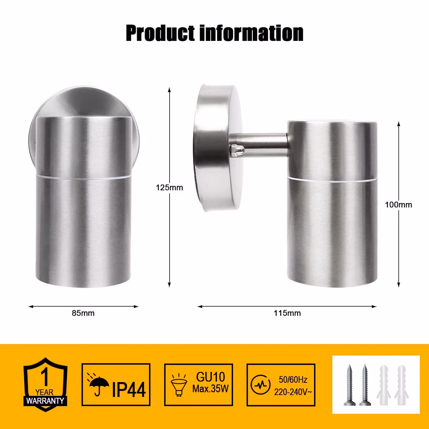 ExtraStar Modern Stainless Steel Outdoor Down Wall Light in Silver, IP44 – 3