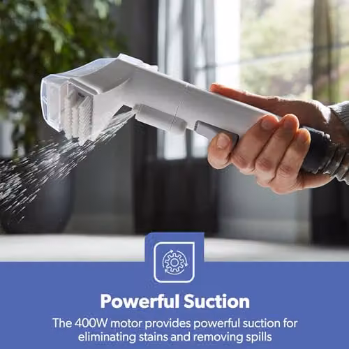 GEEPAS Portable Spot Cleaner 400W Stain Remover for Carpets, Sofas, Cars and Upholstery in White, Silver and Transparent – 6