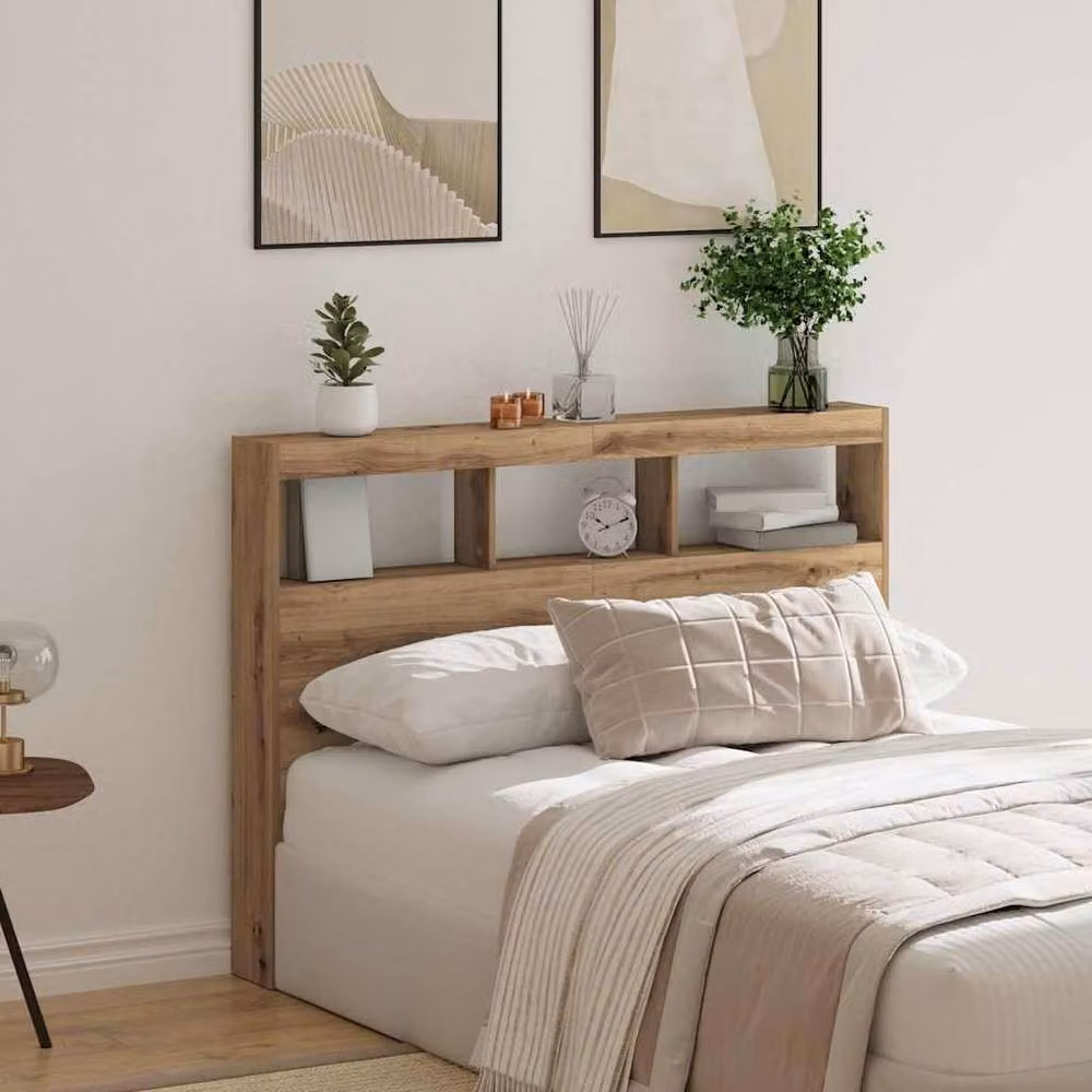 Berkfield Home Headboard Cabinet with Integrated LED in Artisan Oak Brown, W: 140 cm, D: 17 cm, H: 102 cm – 4