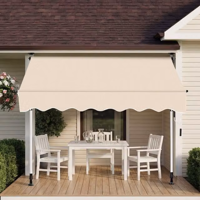 Yaheetech Manual Retractable Outdoor Awning with UPF 50+ Polyester Canopy and Steel Frame, Beige, W/D/H: 240 x 120 cm
