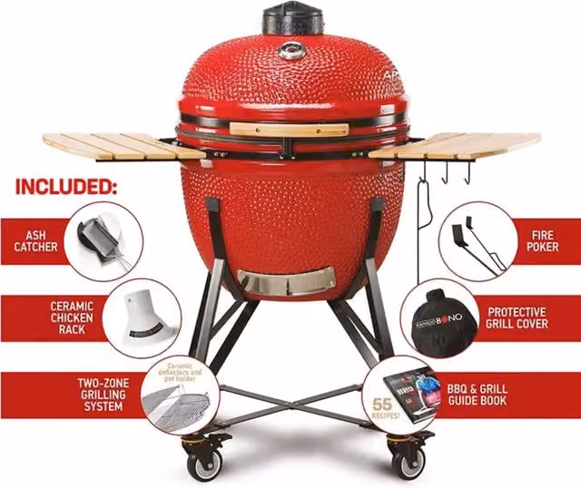 KAMADO BONO 25 inch Red Ceramic Charcoal Kamado BBQ Grill with Cover