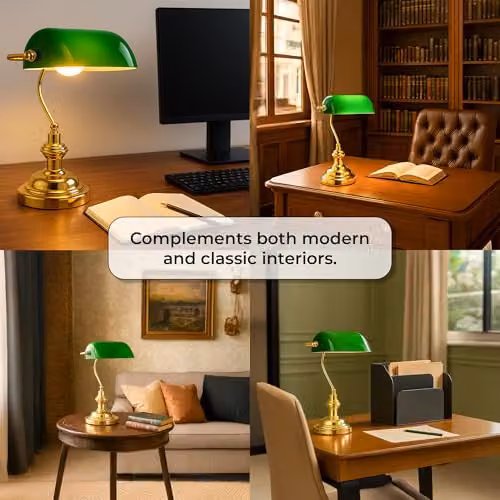 Innoteck Classic Bankers Table Lamp with Green Glass and Brass Finish, H 40 cm x W 19 cm x D 19 cm – 2