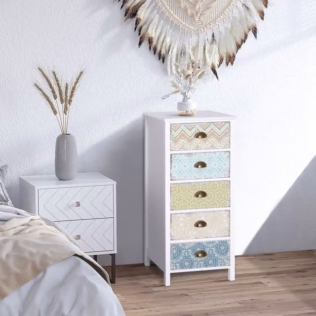 HOMCOM Retro Style 5 Drawer Wood Storage Chest in White – 1