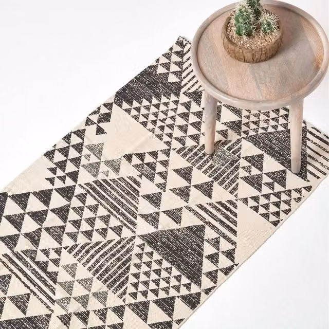 Homescapes Delphi Geometric Cotton Printed Hallway Runner, Black and White, W/D/H: 66 x 200 cm