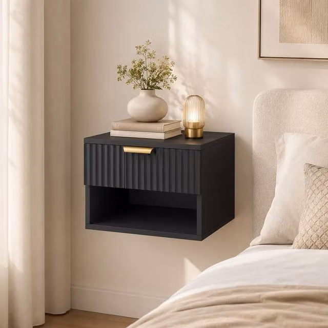 STILVORA Set of 2 Black Wall Mounted Bedside Cabinets with Soft Close Drawers