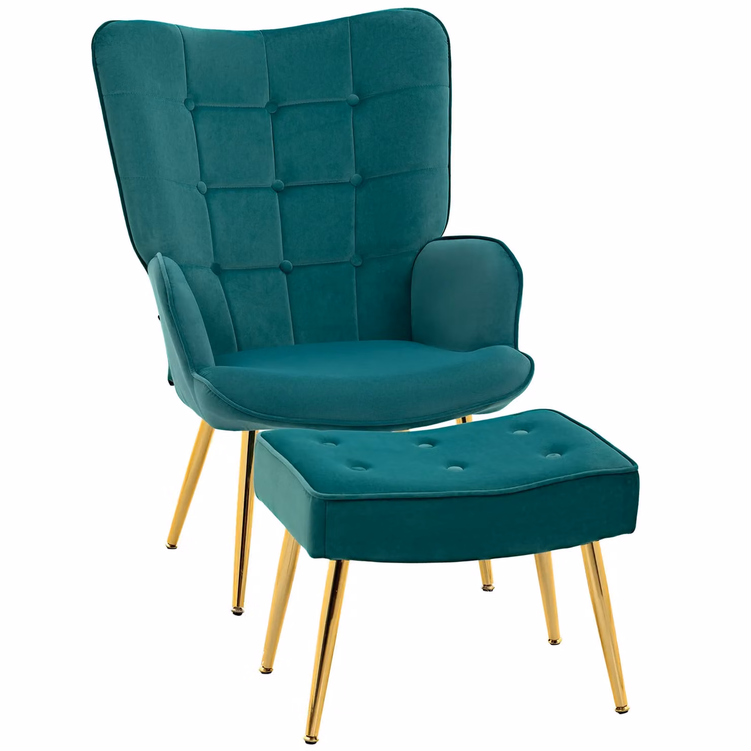 HOMCOM Modern Velvet Wingback Armchair and Footstool Set with Gold Tone Metal Legs in Green – 2
