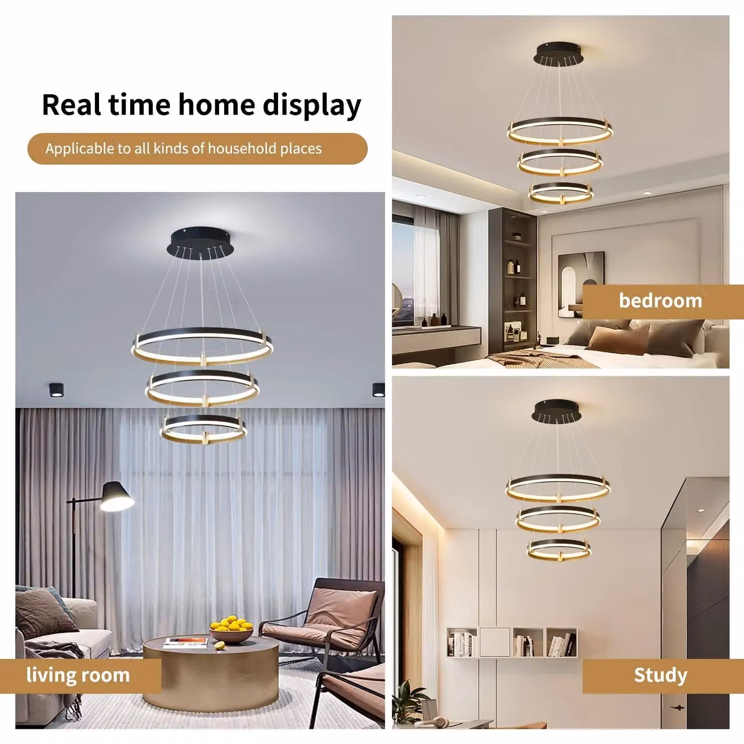 Garwarm Modern 3-Ring 90W Black Acrylic Dimmable LED Suspended Pendant Light with Remote Control – 3