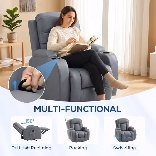 HOMCOM Recliner Armchair with Massage and Heat, Light Grey PU Leather Swivel Rocking Chair with Extended Footrest, Cup Holders and Side Pockets – 4