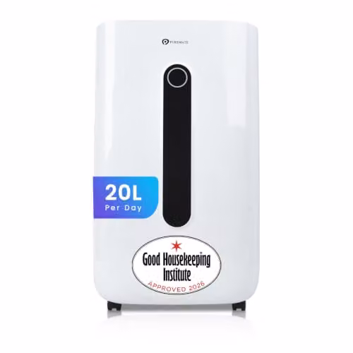PureMate 20L Dehumidifier in White with Continuous Drainage and 24-Hour Timer – 1