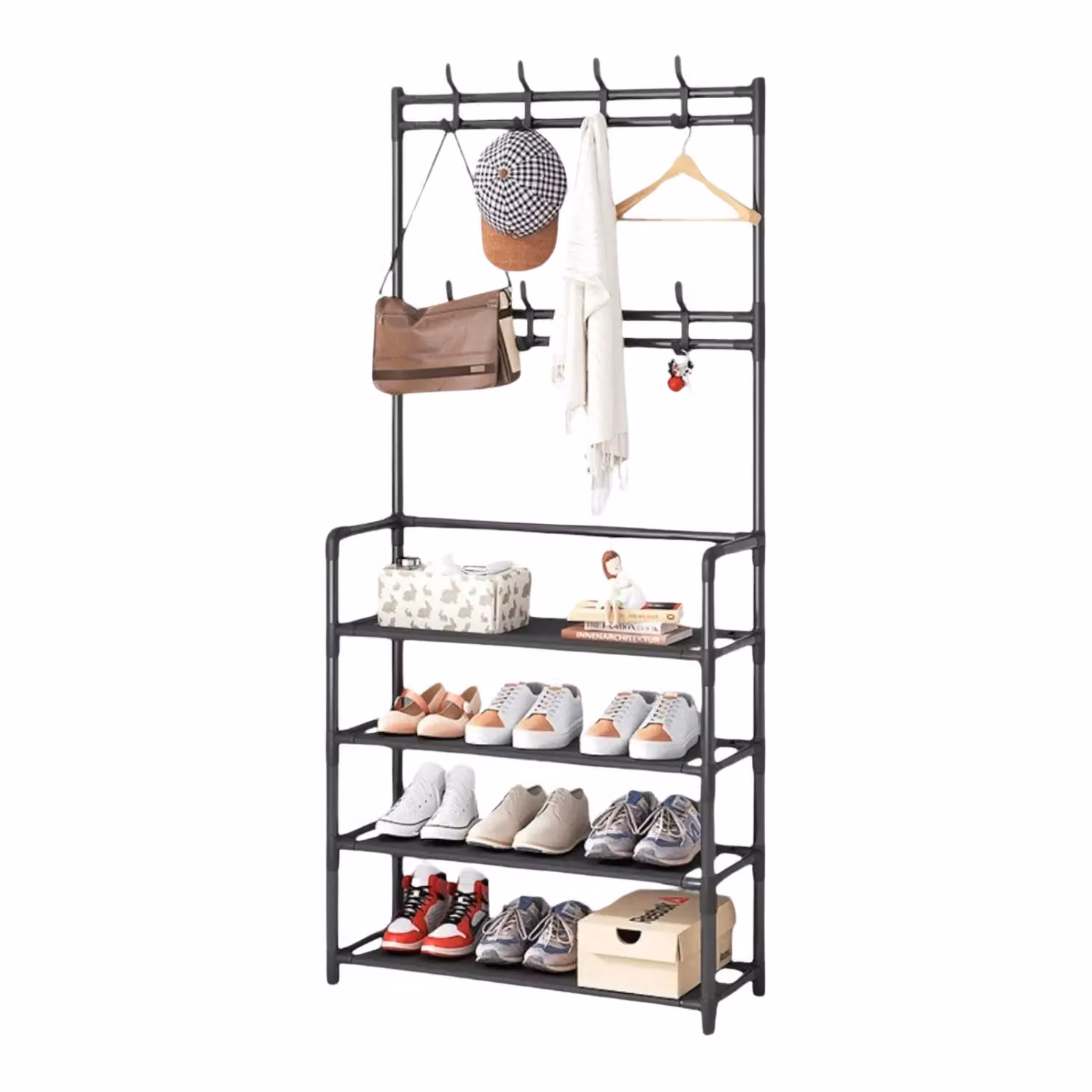 Rafaelo Mobilia Industrial Metal Hall Tree Shoe Rack with Clothes Hangers in Matt Black – 2