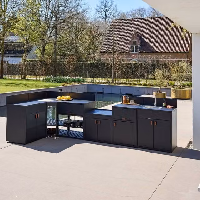 sweeek Modern Outdoor Kitchen with 6 Steel Modules in Black, W/D/H: 225 x 82.5 x 110 cm