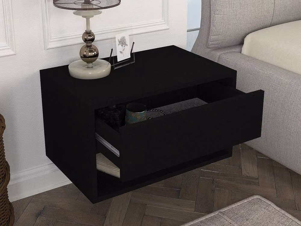 Vente-unique Black Wall-Mounted Bedside Table with 1 Drawer and 1 Open Compartment, W: 40 cm, D: 15 cm, H: 35 cm – 3
