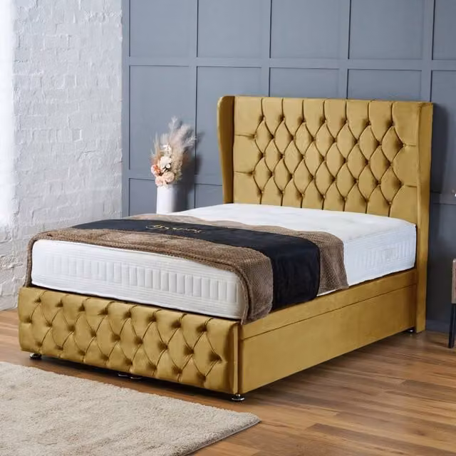 BSSPOKE Bella Ottoman Divan Bed with Headboard and Footboard in Yellow Plush Velvet, W/D/H: 90 x 190 x 3 cm